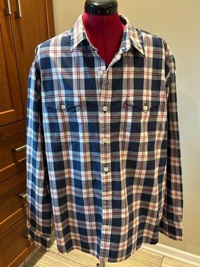 Like New 📈 Levi’s Relaxed Fit Western Shirt in Navy Plaid Check Cotton Sz XL